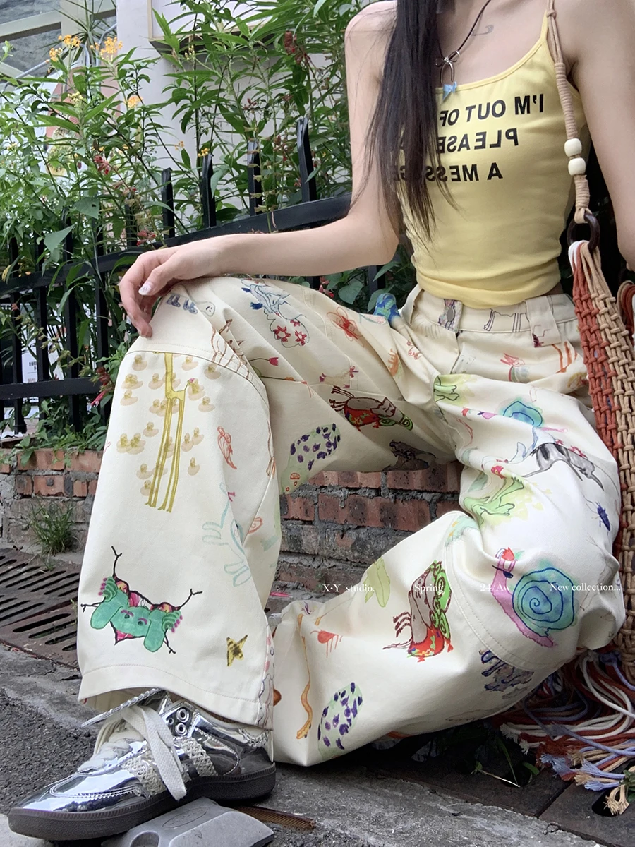 

Women's Chic High Street Cartoon Print Wide Leg Pants Lady Spring Summer Streetwear High Waist Loose Full Length Pants