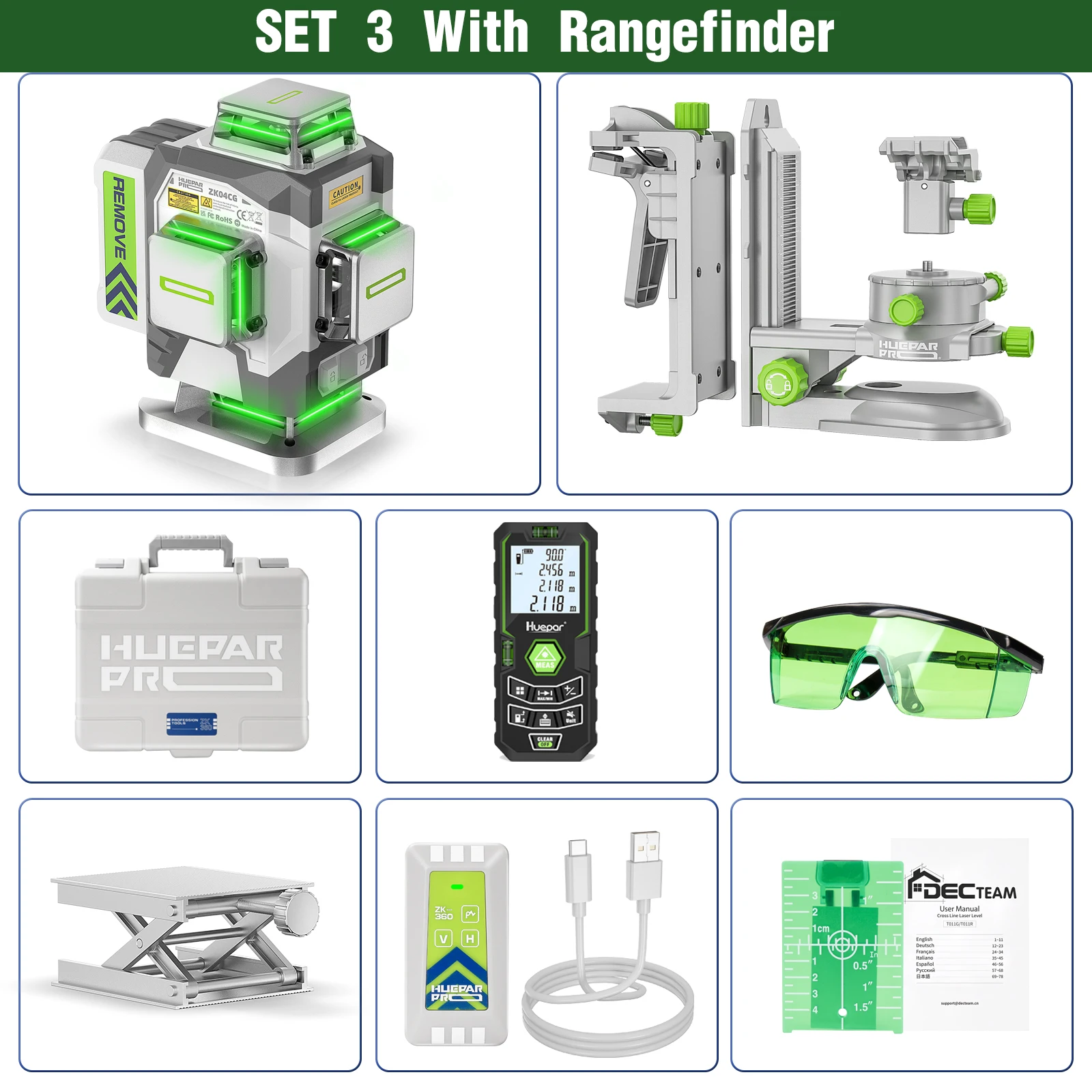 Huepar Professional 4D kruislijnlaser ± 2 mm hoge nauwkeurigheid zelfnivellerende groene lasergereedschapset met 8000 mAh Li-ionbatterij