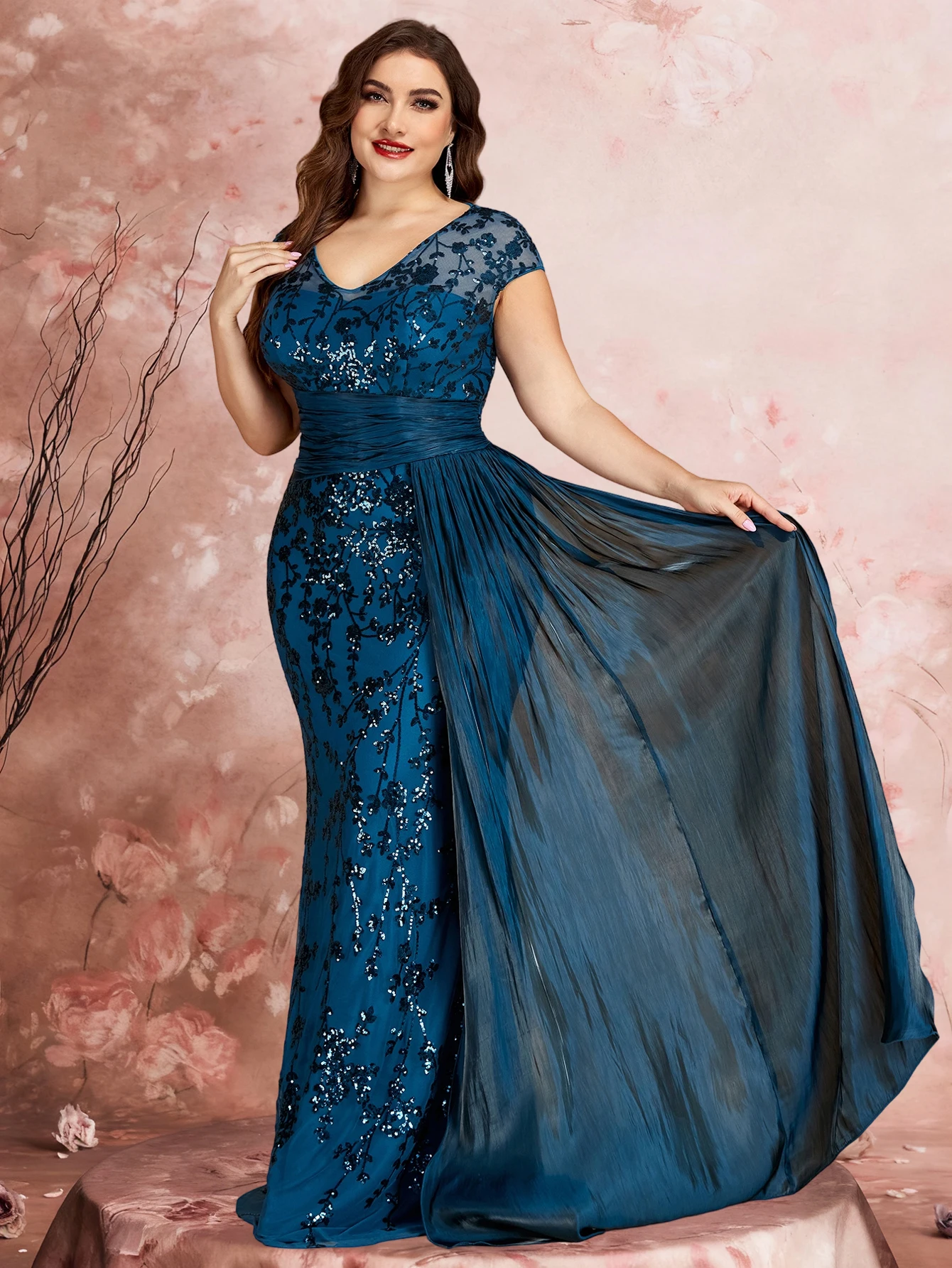 Vestidos de Noche Formales de Talla Grande con Mangas Casquillo Elegantes, Lentejuelas, Parches y Cintas, Vestidos de Fiesta de Lujo con Cuello en V y Largo hasta el Suelo