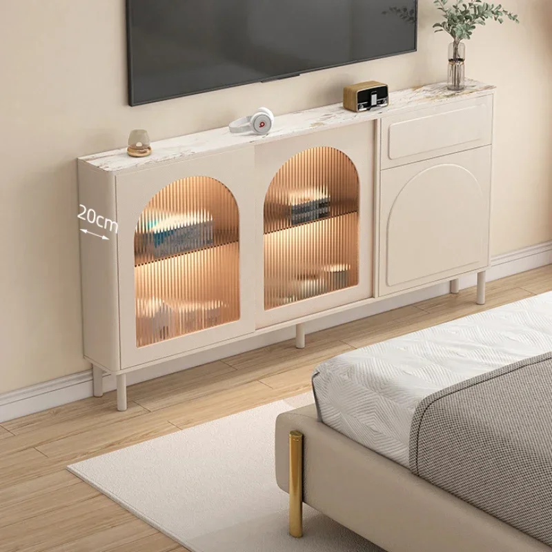 

Комнатный шкаф под телевизор, шкаф через кровать в спальне, основной шкаф во французском кремовом стиле.