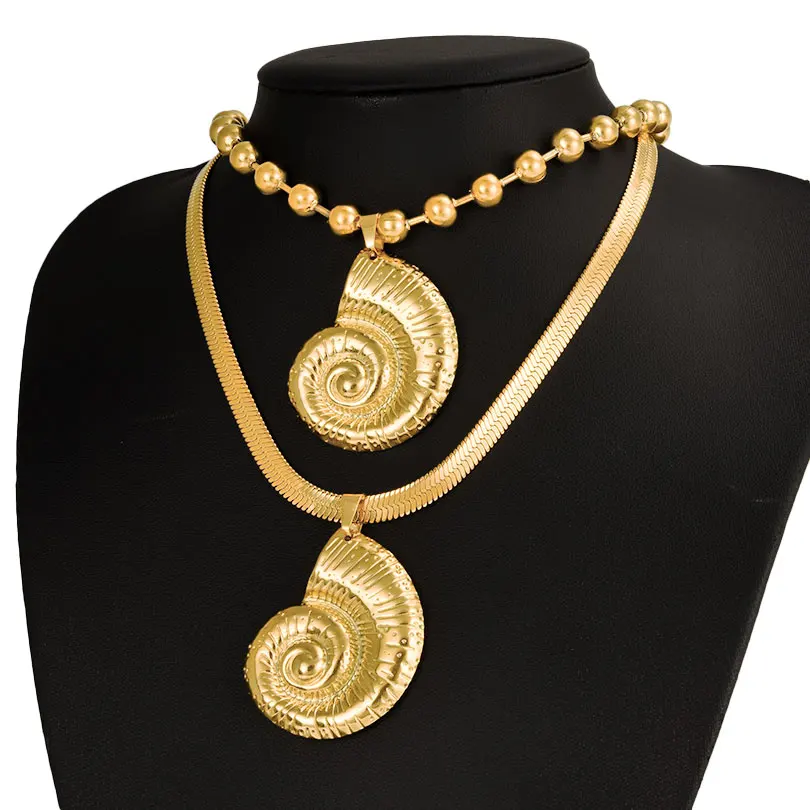 1Pcs Stainless Steel Big Textured Conch Big Stud Earrings Distinctive 18k Gold Color Necklace/Ring For Women Punk Accessory Set