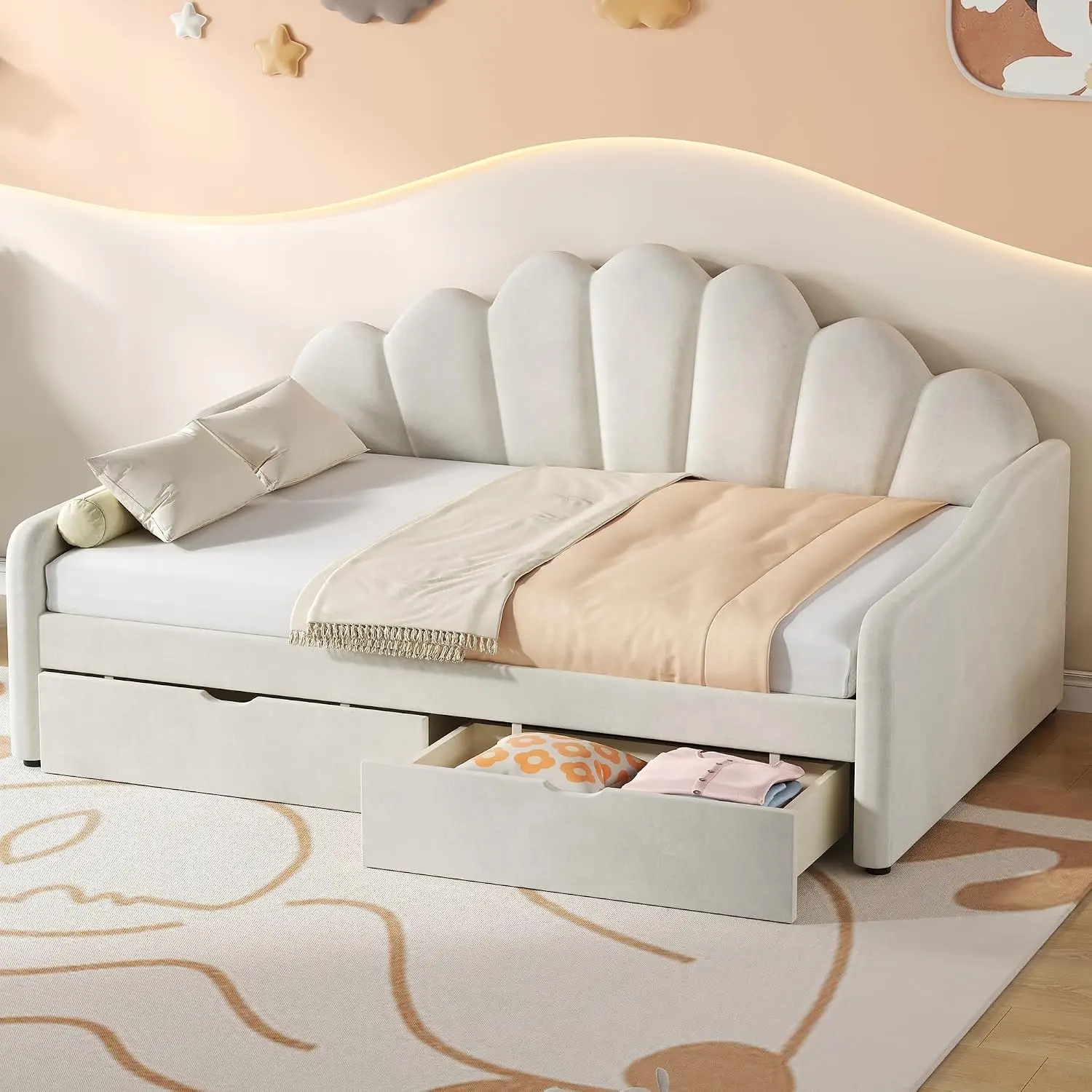 Full Size Daybed with Storage Drawers, Velvet Upholstered Corner Bed Frame with Shell Shaped Headboard for Kids Teens Girls, No