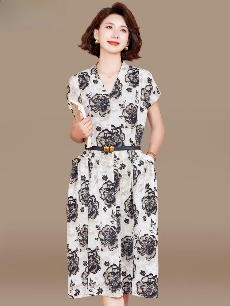 

Модное летнее платье для женщин среднего возраста: шифоновая длинная юбка с поясом, элегантное корейское платье миди с V-образным вырезом