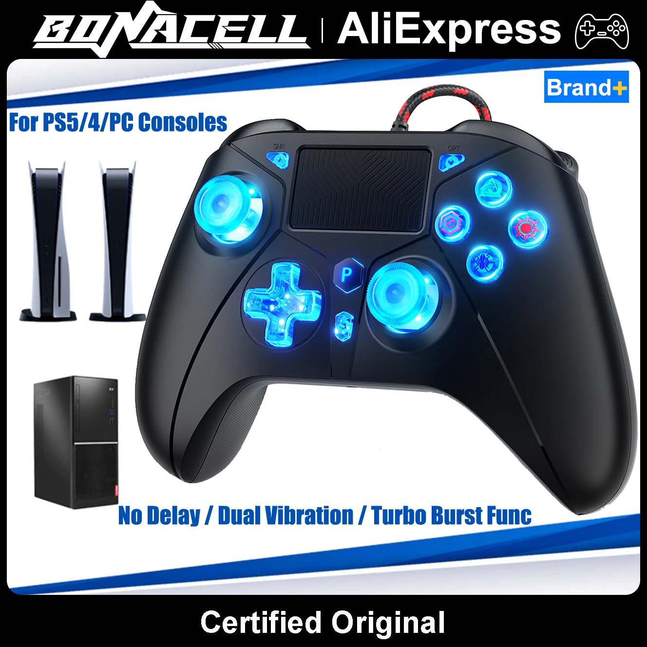 

RGB Gamepads For PS5/4/PC Console Wired Controllers W/ 4-Level No Delay/Dual Vibration/Turbo Func Gaming Remote Control Joystick