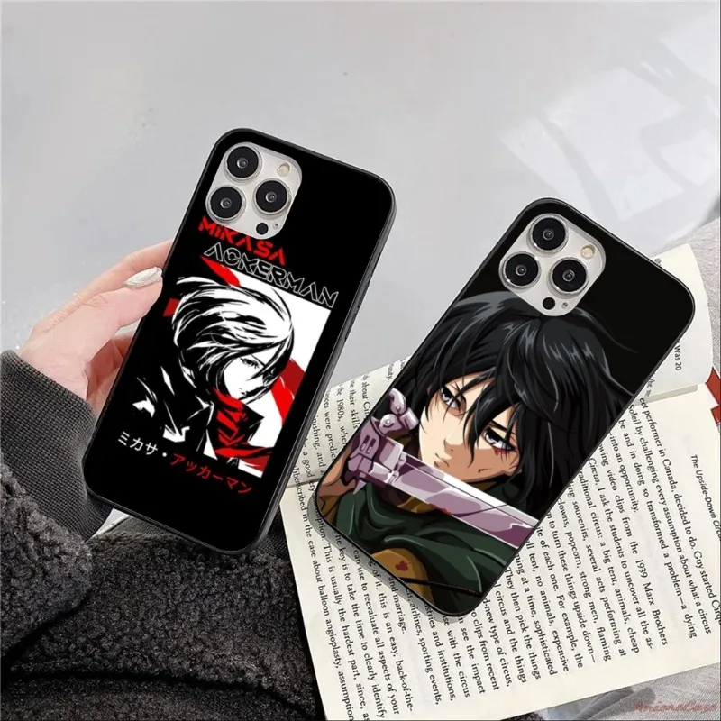 AOT Mikasa Ackerman Phone Case for iPhone 14 13 12 11 XS X 8 7 6 Plus Mini Pro Max SE 2022 Black Soft Phone Cover Funda