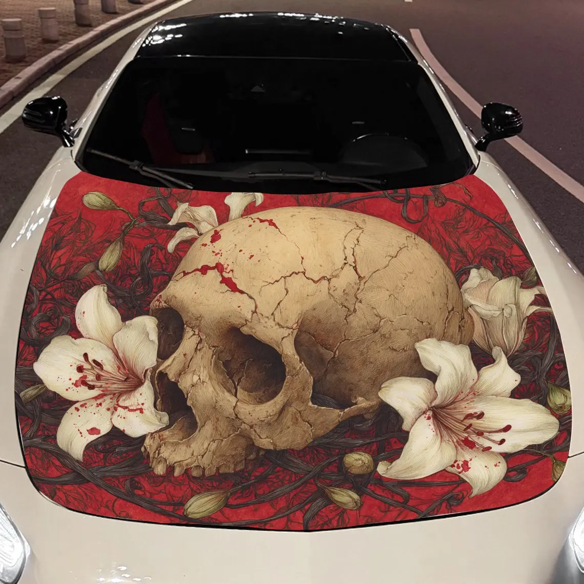 

Наклейка на упаковку на капот автомобиля с черепом и лилией, материал ПВХ, самоклеящаяся водонепроницаемая, противоскользящая краска, наружное украшение автомобиля acce