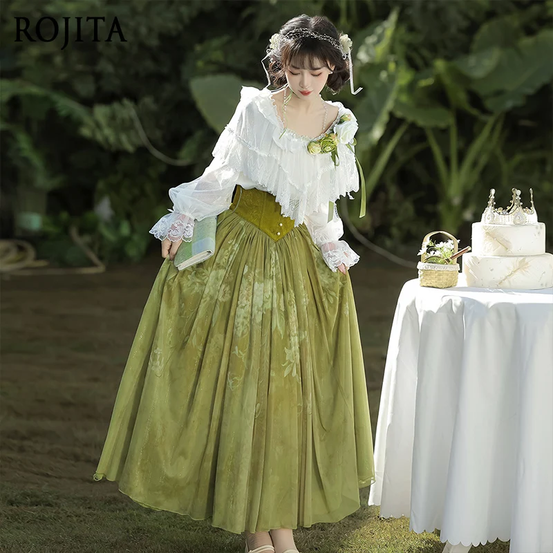 

Зеленый комплект полуюбки Элегантный топ с длинными рукавами в стиле Лолиты серии CLA Комплект юбки SK с рюшами и круглым вырезом с шалью и рукавами Белый топ