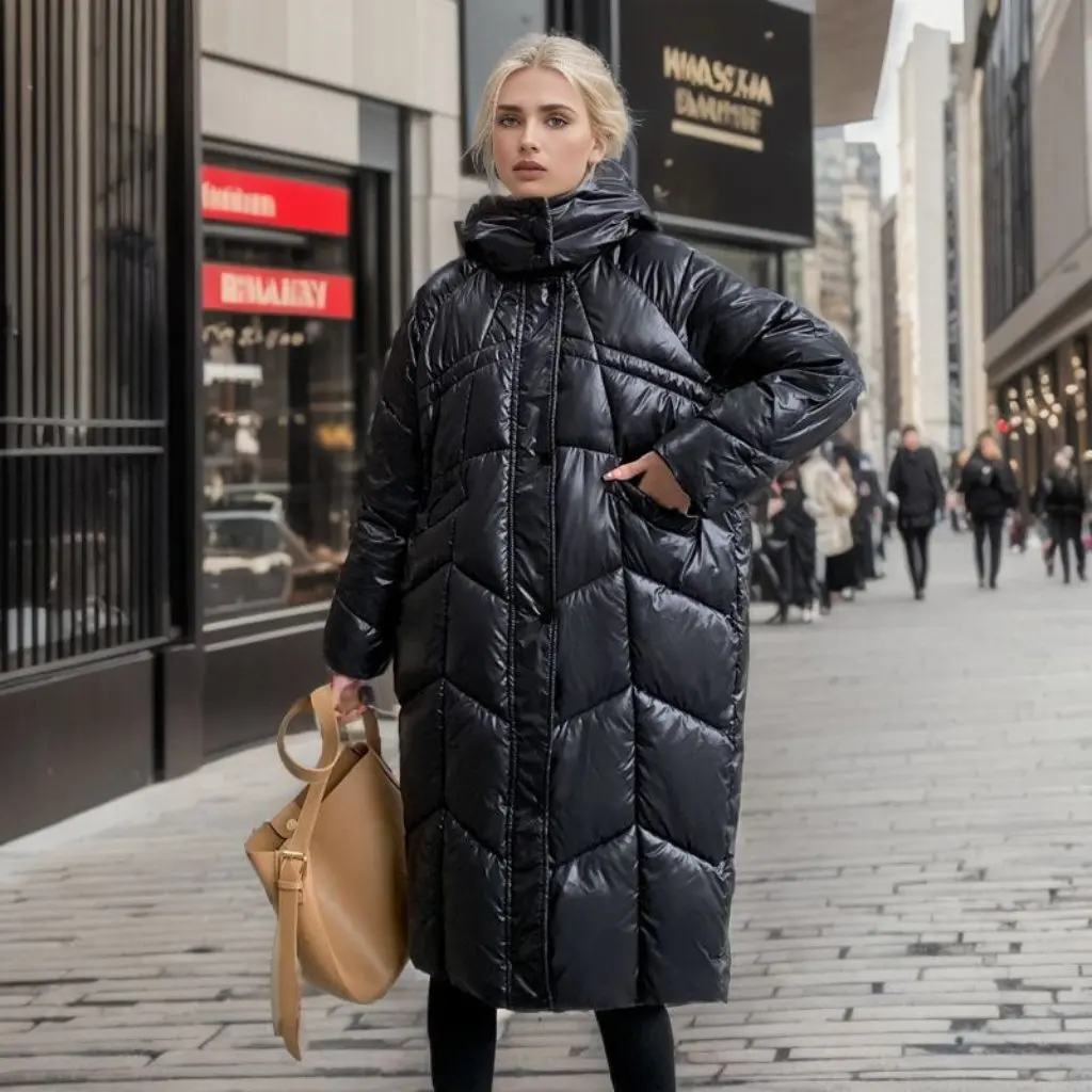 

Women's Winter High-End down Cotton Jacket Korean Style Bright Surface Wash-Free Mid-Length Loose Fit Cotton-Padded Coat