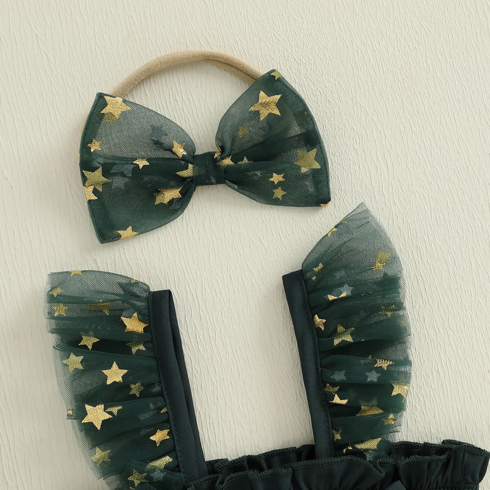 

Sweety Baby Girl Mesh Lace Christmas Bodysuits Outfit Sleeveless Stars Bows Tulle Patchwork Romper Dress with Hairband