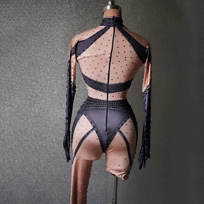 Drag Queen Outfit Sexy Gogo Dancer Costume Women Fake Nude Full Rhinestones Jumpsuit Bar Nightclub Ds Dj Rave Clothes XS8473