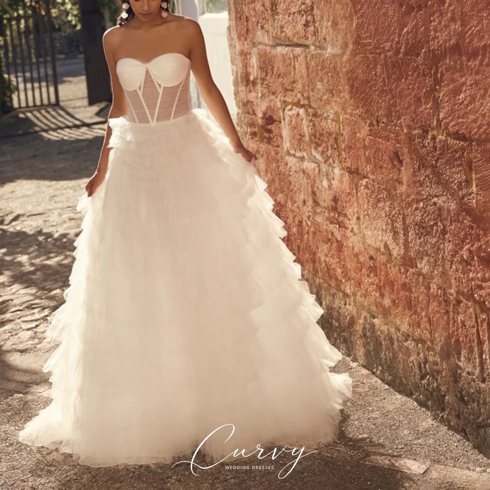 Curvy Elegant Minimal Formal Sweetheart Strapless Layer Ruffle Tulle A Line Train Wedding Dresses for Women Customized 2026