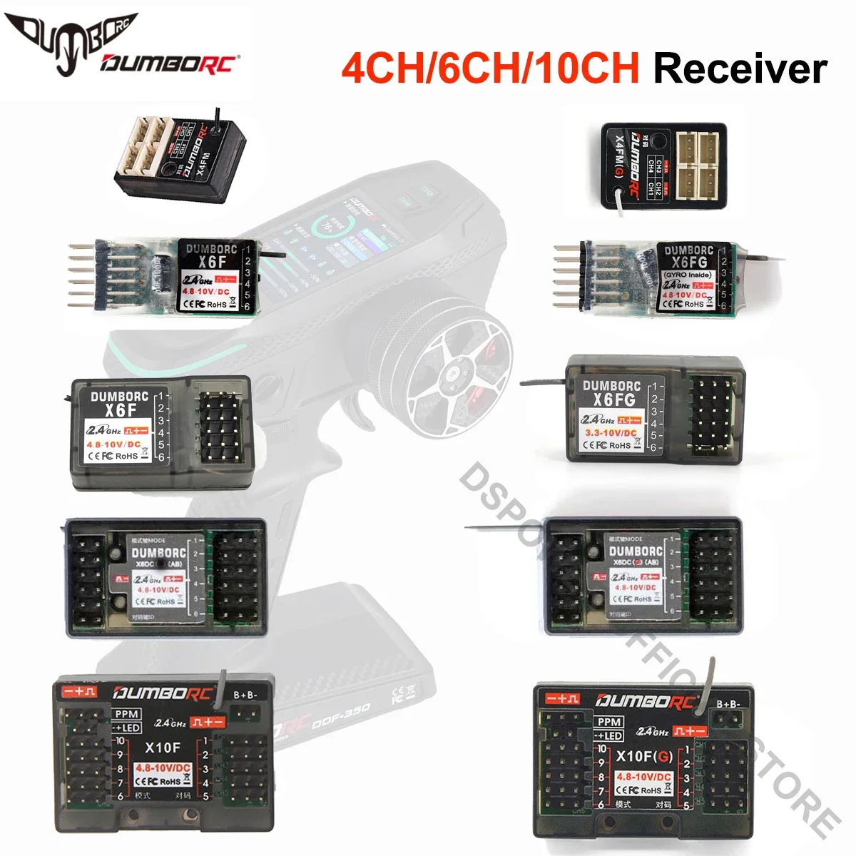 DUMBORC X6FG X10FG X6DC X4FMG MINI 4CH 6CH 10CH Receiver 4.8-10V Voltage Return for X6 DDF-350 Transmitter RC Car Boat Tank