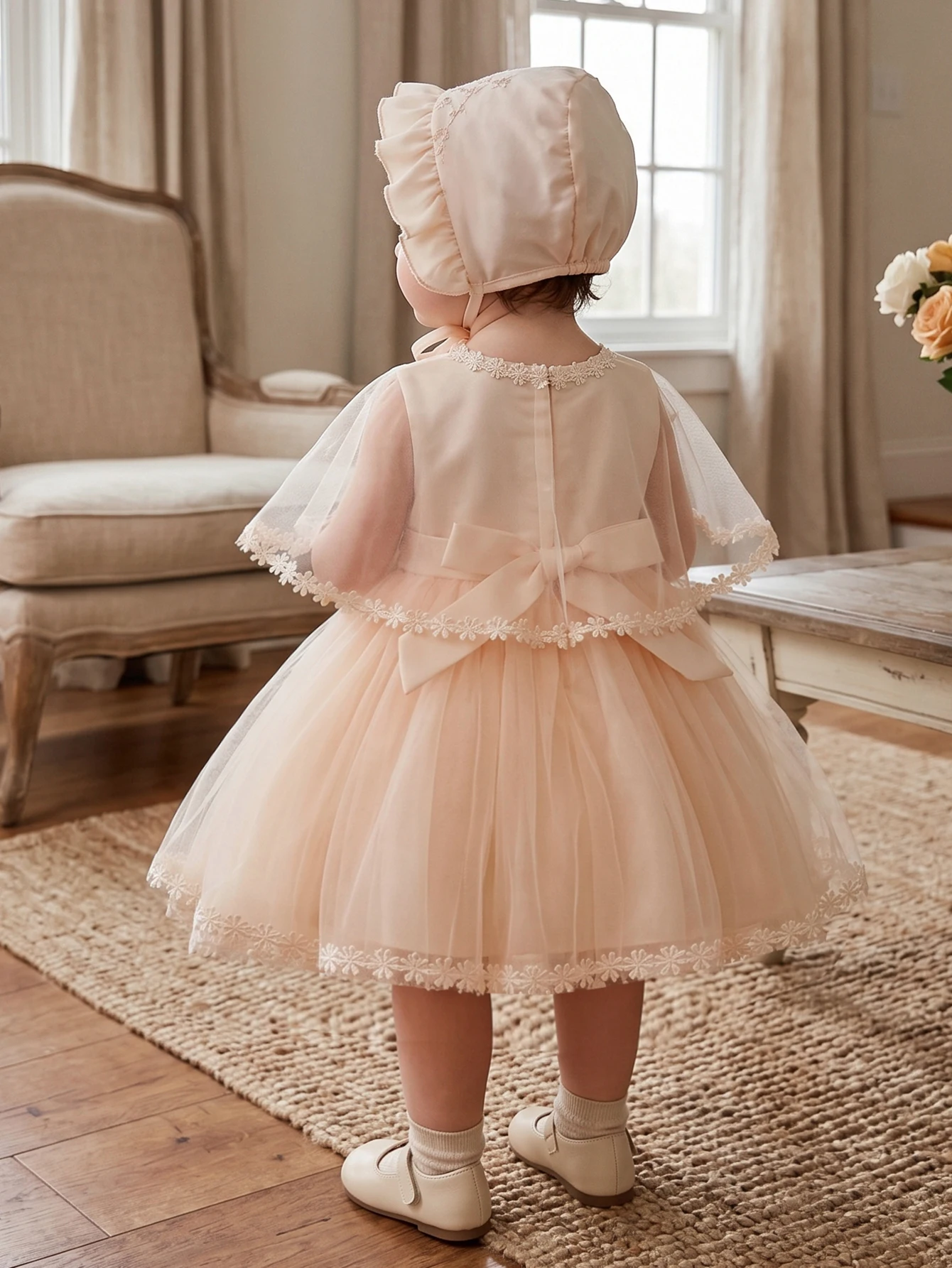 Baby Girls Champagne Lace Cape Tulle Dress With Bonnet Floral Trim Elegant Princess Gown For Birthday Event Ceremony Celebration
