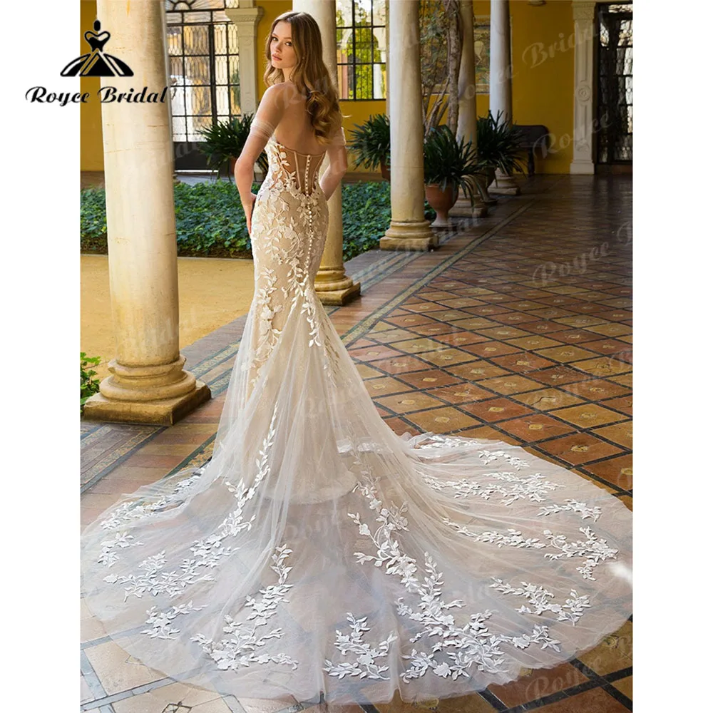 Roycebridal-vestido de novia de sirena con hombros descubiertos, con Apliques de encaje, escote Corazón, Sexy, corte sirena, Espalda descubierta, 2023