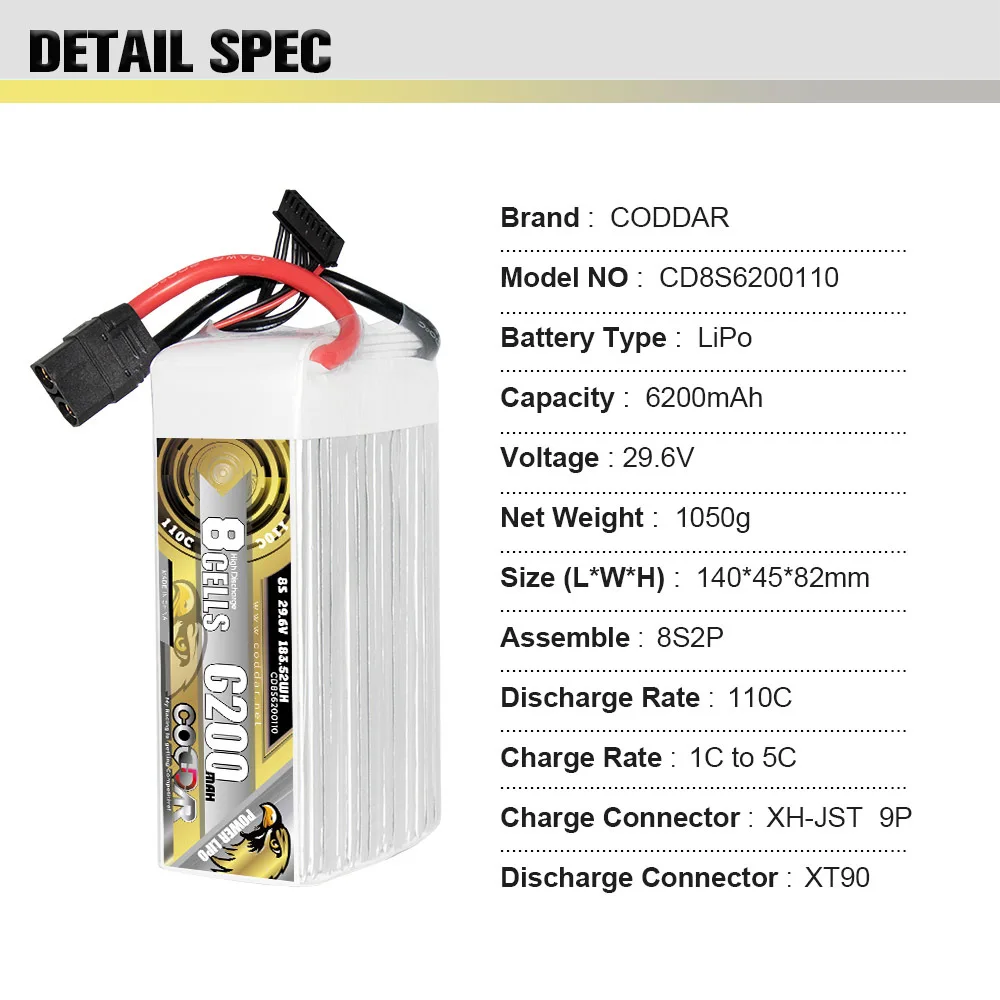 Coddar-batería recargable de 6200mAh, 8S, 110C, 29,6 V, RC, EPP, avión planeador, HobbyZone, avión aéreo, modelo de fotografía Aero