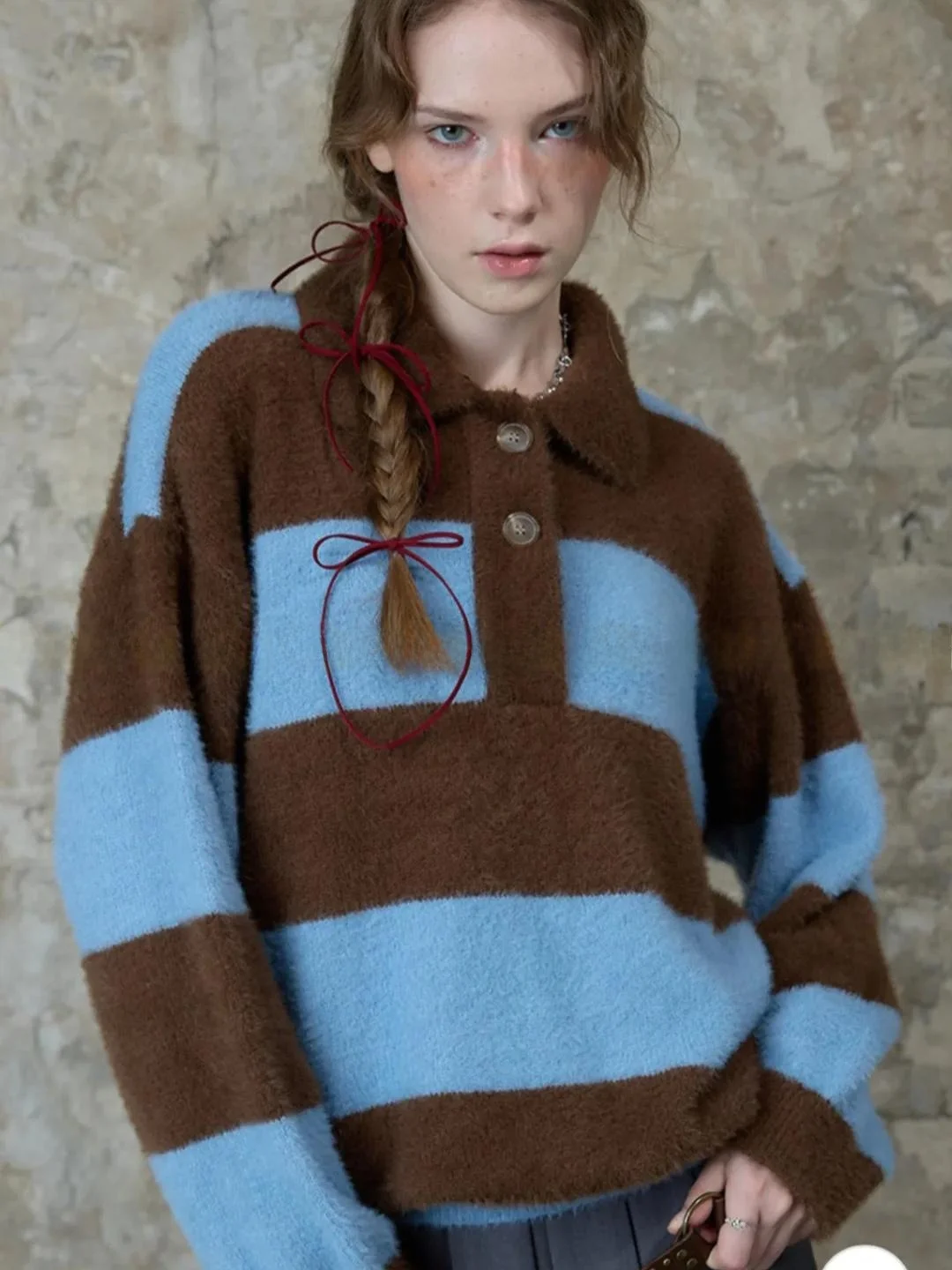 

UmLartigent24 Winter New Vintage Color Blo Ne Striped Loose Women's Sweater Comfortable Knitted Wool Blend Long Sve