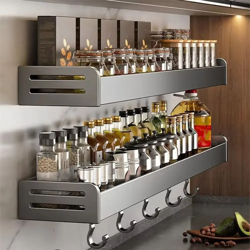 

30/40CM Kitchen Storage Rack Space Saving Aluminium Seasoning Bottle Storage Utensil Rack with Hook Wall Mounted Rack