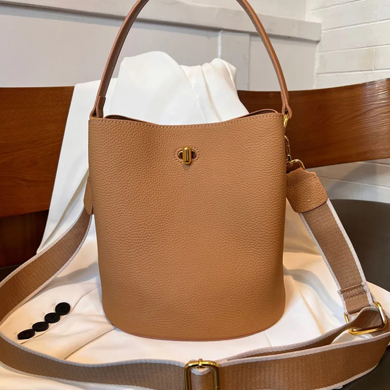 Large Capacity Female Genuine Leather Handbag Fashion Solid Color Women Bucket Messenger Bags Lady\'s Commute Single Shoulder Bag