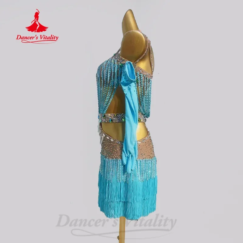 Latin Dance Competition Clothing Customized High-end Luxury Full Diamond Tassel Dress Adult and Children Performance Costume