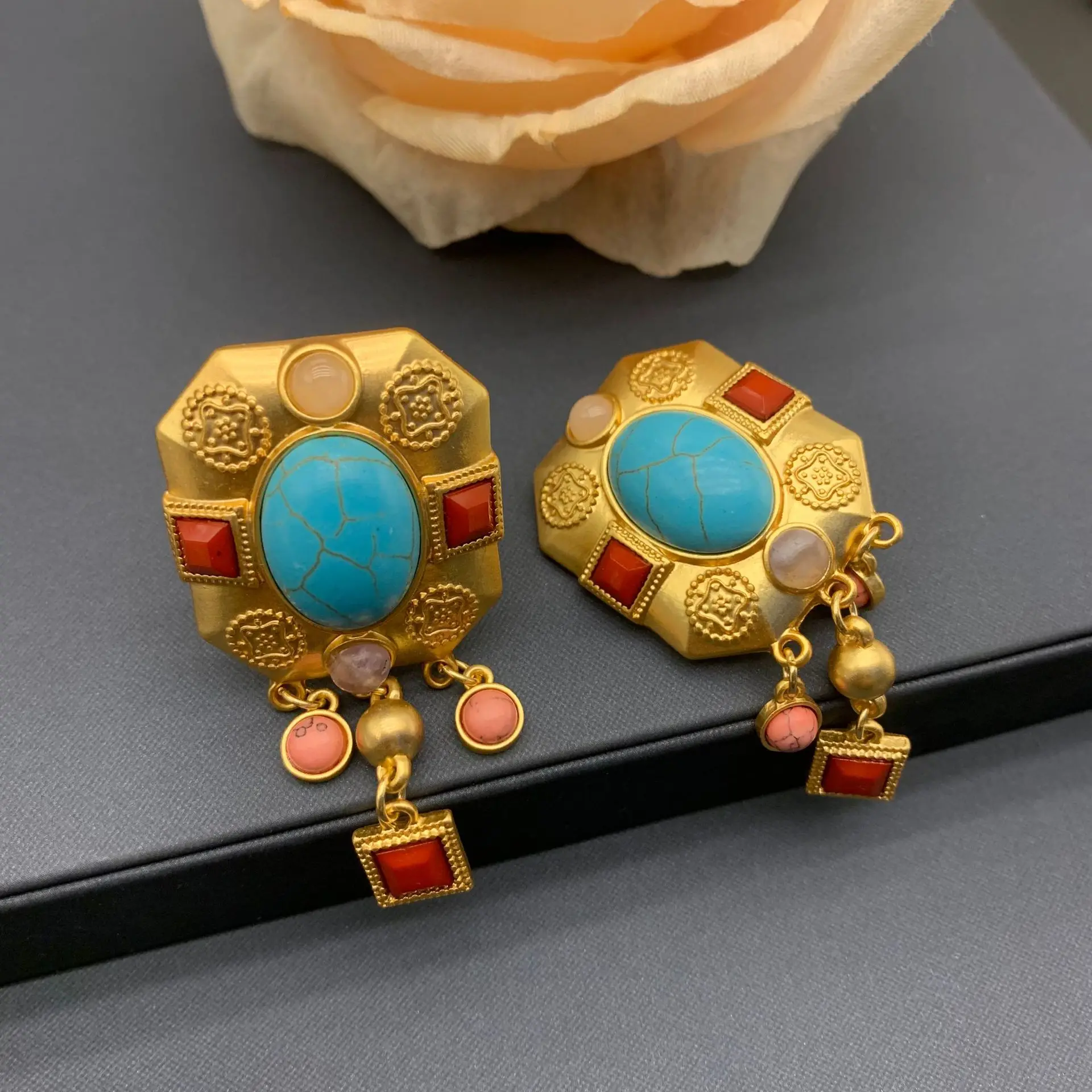 

Vintage Colorful Stone Drop Earrings For Women Jewelry Runway Party T Show Fancy Trendy Boho INS Japan Korea