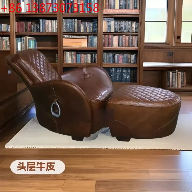 

American oil wax leather saddle, cow fur sofa recliner, living room bedroom study cigar chair