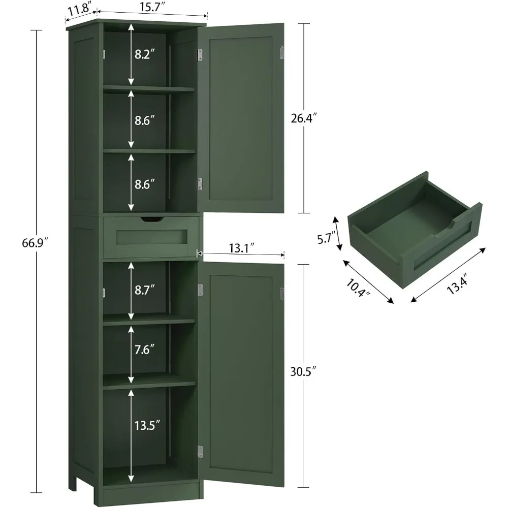 Tall Bathroom Cabinet with 2 Doors & 1 Drawer, Narrow Storage with Shelves, Forest Green