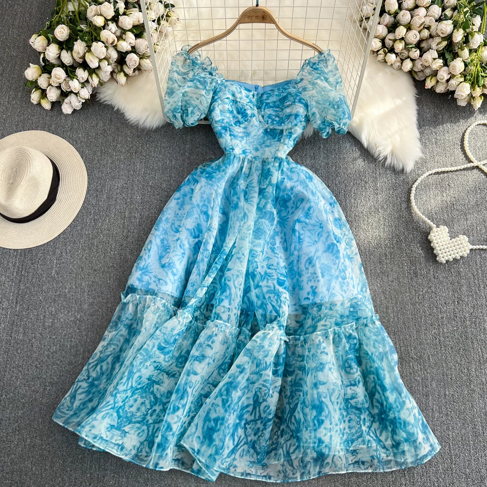 

French Style Printing Princess Dresses Women Summer Square Collar Puff Sleeves Ruffles Beach Vacation Dress Gentle Elegant Gown