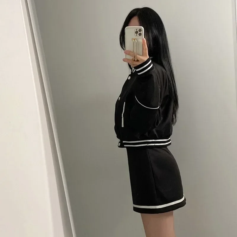 VIPOL Autumn Varsity Jacket + Skirts Sets Women 2023 New Outerwear Two Piece Sets Y2k Jackets and Skirt American Baseball Suit