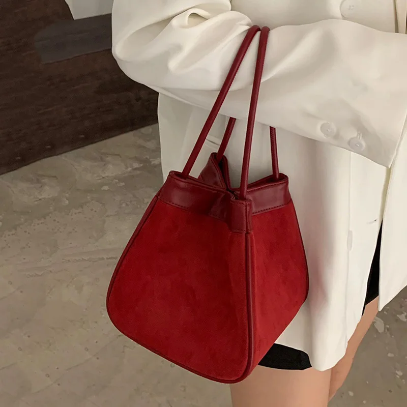 Red Bucket Bag New Texture Christmas and New Year Handheld Bag Women Autumn Winter Red Bride Wedding Splicing Style Bag