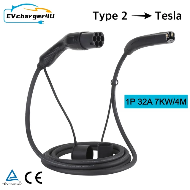 Kabel do ładowania EV EVcharger4U Typ 2 do NACS, 4M, 1-fazowy, 32A, 7KW, IEC62196 Typ 2, kabel Tesla do modeli US Made Model 3 X S Y Cybertruck