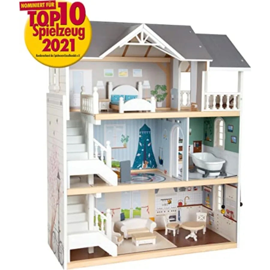 Jouets en bois Urban Villa Doll House Playset Collection Conçu pour les 3 ans et plus Gris 82 x 51,1 x 15 cm