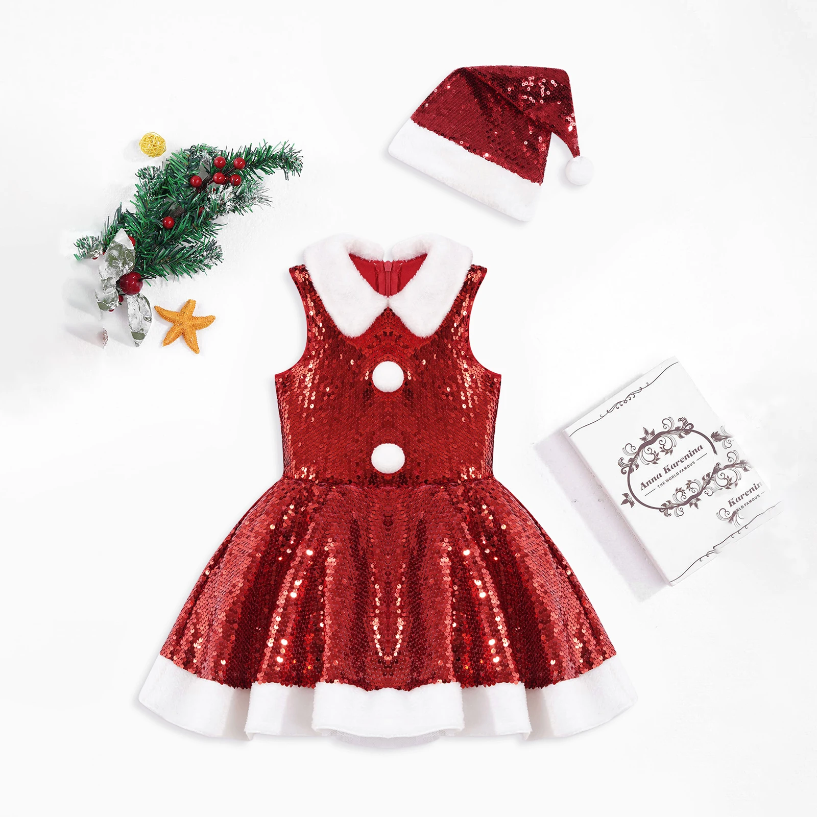 Kids Girls Christmas Santa Claus Cosplay Dress for New Year Xmas Party Gift Performance Costume Sleeveless Sequins Dress+Hat Set