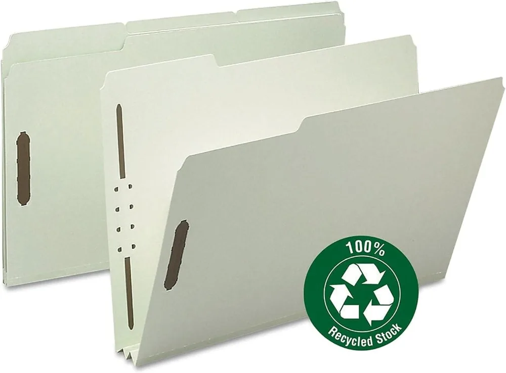 Recycled Fastener File Folder, 2 Fasteners, Legal Size, Expandable 2", Gray/Green, 25 per Box for Office Use