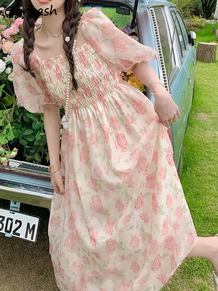 

Floral Summer Dress Women Puff Sleeve French Style Midi Vacation Elegant Hotsweet Female Daily All-match Ulzzang Simple Popular