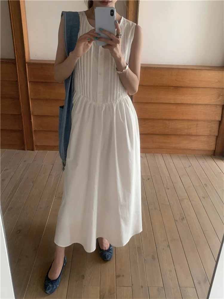 DR10500 2024 New Korean Fashion Sleeveless Elegant Lady Fold High Waist Vintage Women Spring Summer Shirt Dresses Long Dress