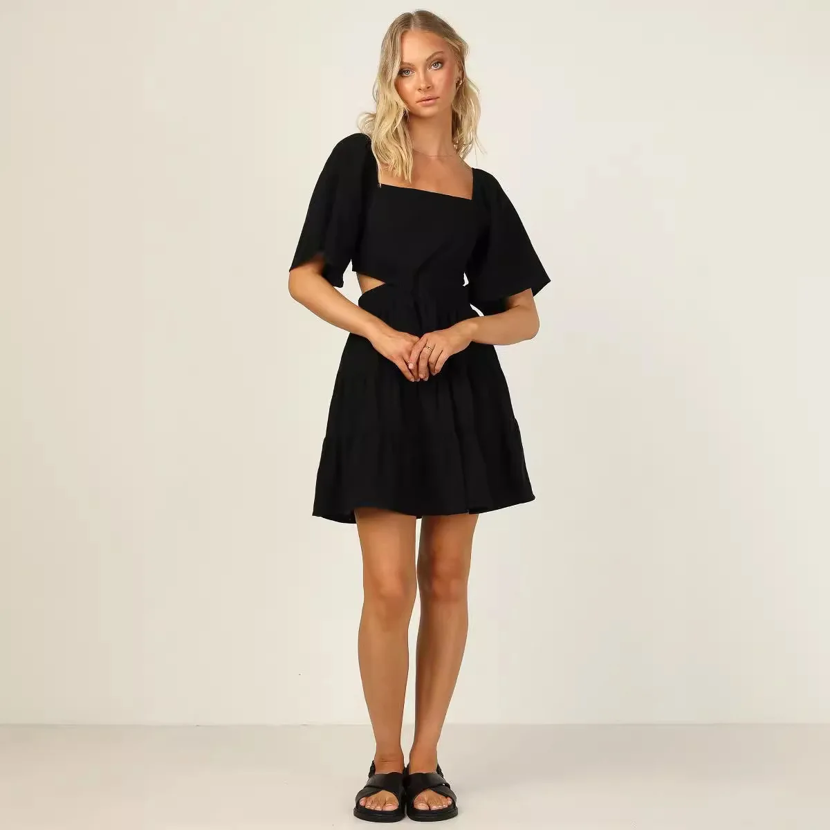 

2025 Spring/Summer New Solid Color Elastic Waist Fresh And Sweet Short Dress 22053