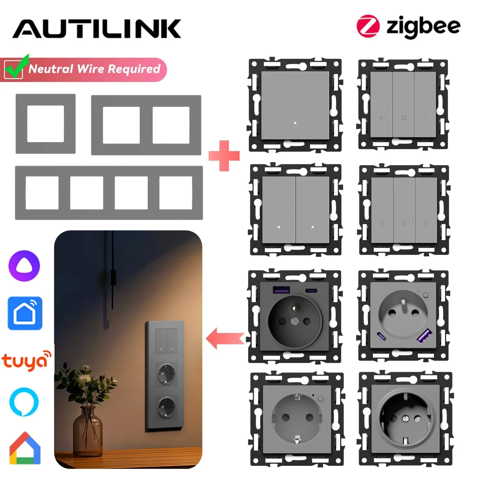 ZigBee EU Modular Smart Switch Socket Combo Tuya APP Voice Control Work with Alexa Google Assistant