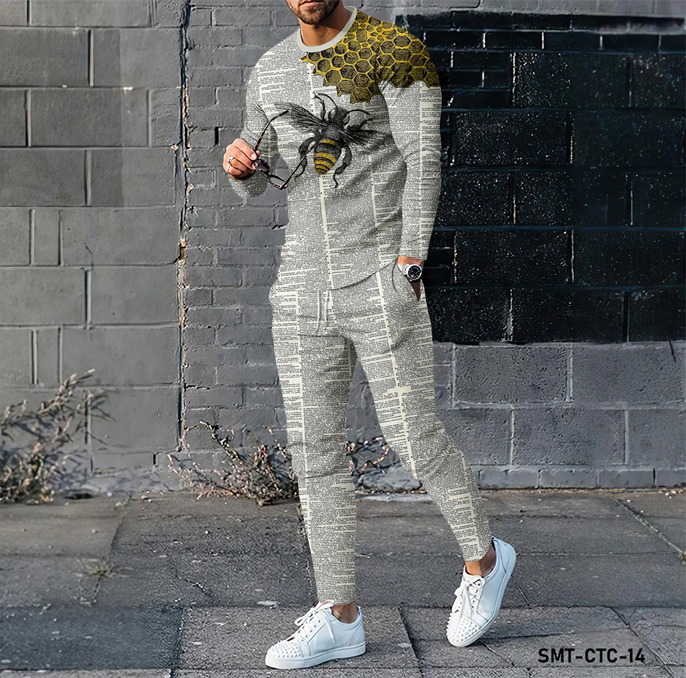 

Autumn men's long sleeved T-shirt casual vacation street fashion 3D bee honeycomb sportswear pants set latest 2-piece set