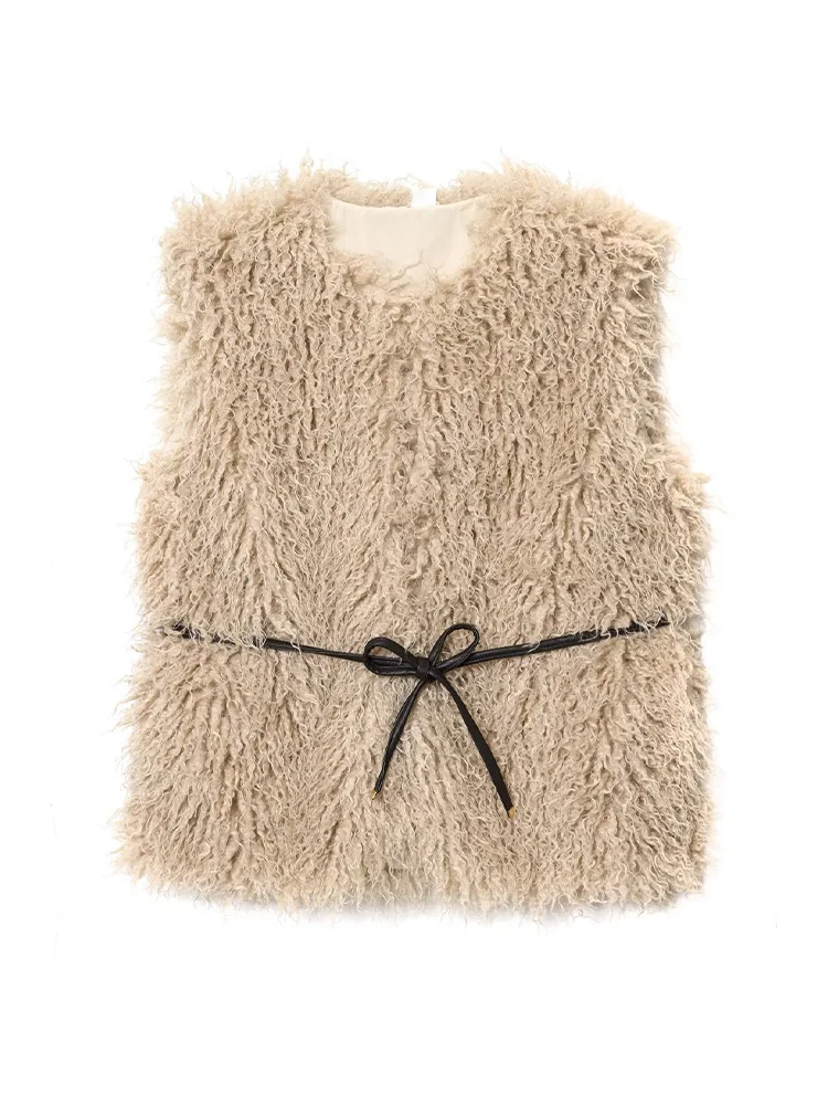 

HH Women Fashion Street Bow Lace-up Solid Loose Warm Short Vest Women Round Collar Faux Fur Effect Vest Sleeveless Casual Top