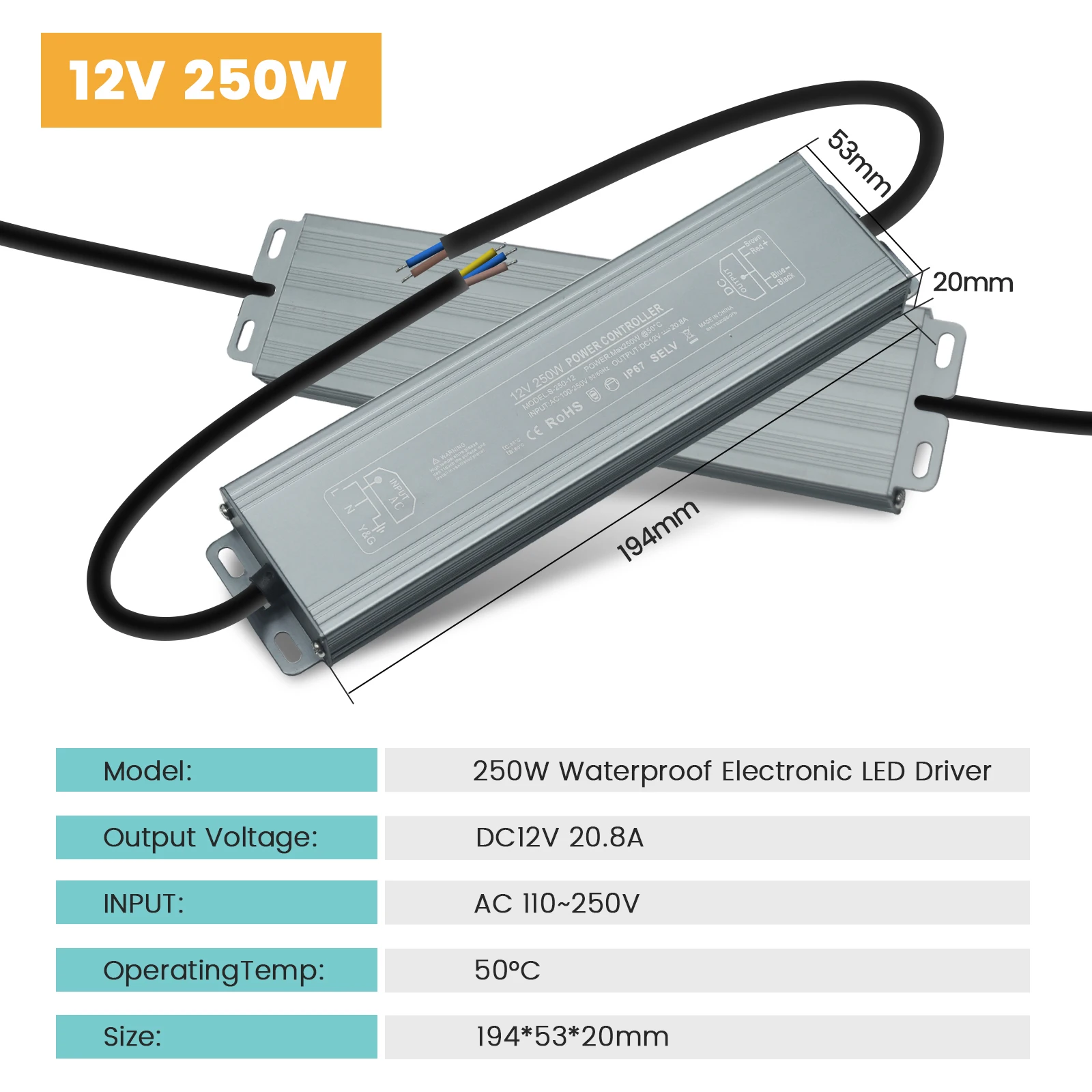 IP67 Wasserdichter LED-Netzteiltreiber AC 110 V 240 V auf DC 12 V 24 V 36 W 60 W 80 W 100 W 300 W 400 W 500 W 600 W Transformator-Adapter