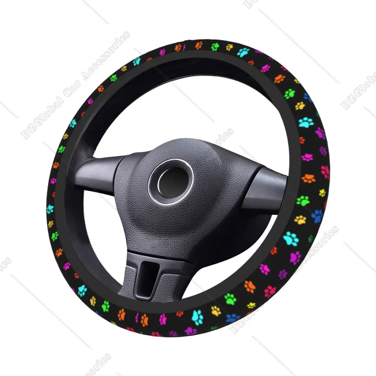 Colorful Dog Paw Prints Steering Wheel Cover Universal 15 Inch Cute Car Accessories Protector for Women Men Girls Gift