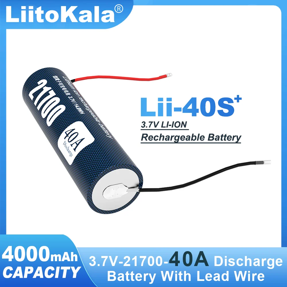 LiitoKala 3.7V Lii-40S 21700 Battery Li-ion 4000mA 40A Discharge Batteries 4.2v high drain devices Flat head+DIY Linie