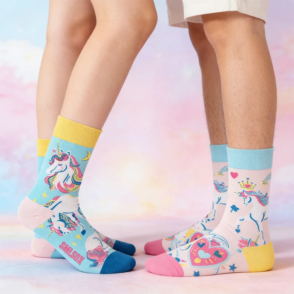 

3 Pairs Cartoon Smiley Rainbow Sun shinning In the Sky AB Style Breathable Comfy Mid-Calf Women Socks