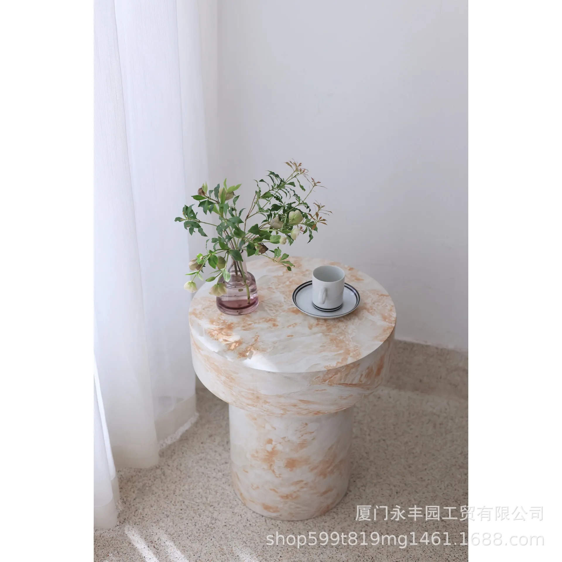 Sofa round edge small apartment bed and breakfast living room imitation marble pattern coffee table design artistic temperament