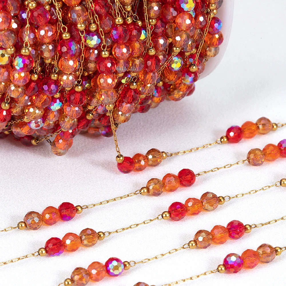 1Meter Stainless Steel Red Crystal Bead Chain Gold Color Beaded Necklace Chains DIY Bracelet Making Supplies Jewelry Findings