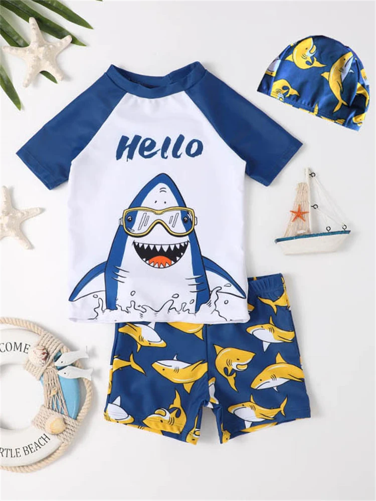 Kids Swimsuit Boy Swimming 2024 New Shark Pattern Short Sleeves Children Swimwear Summer Two Piece Shorts Beachwear Bathing Suit