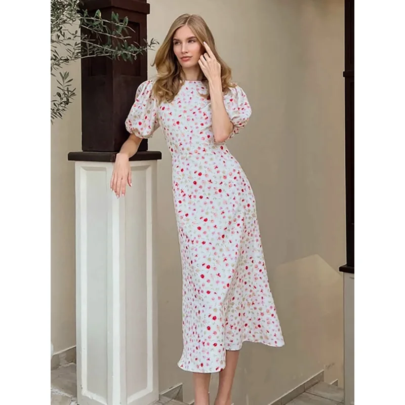 Robe florale vintage de style français pour femmes, manches à bulles élégantes, robe en queue de poisson, taille haute, printemps, nouveau, 2024