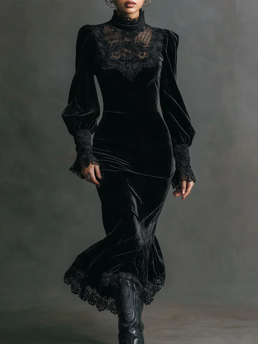 Gothic Lace Patchwork Velvet Maxi Dress Women's Retro Autumn Winter Bodycon Elegant Lantern Sleeve Slim Party Gown