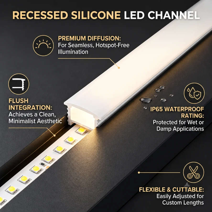 0.5-10m Seamless Recessed White Silicone Tube For LED Strip Light IP65 Waterproof Even Light Diffusion Flexible Silicone Channel