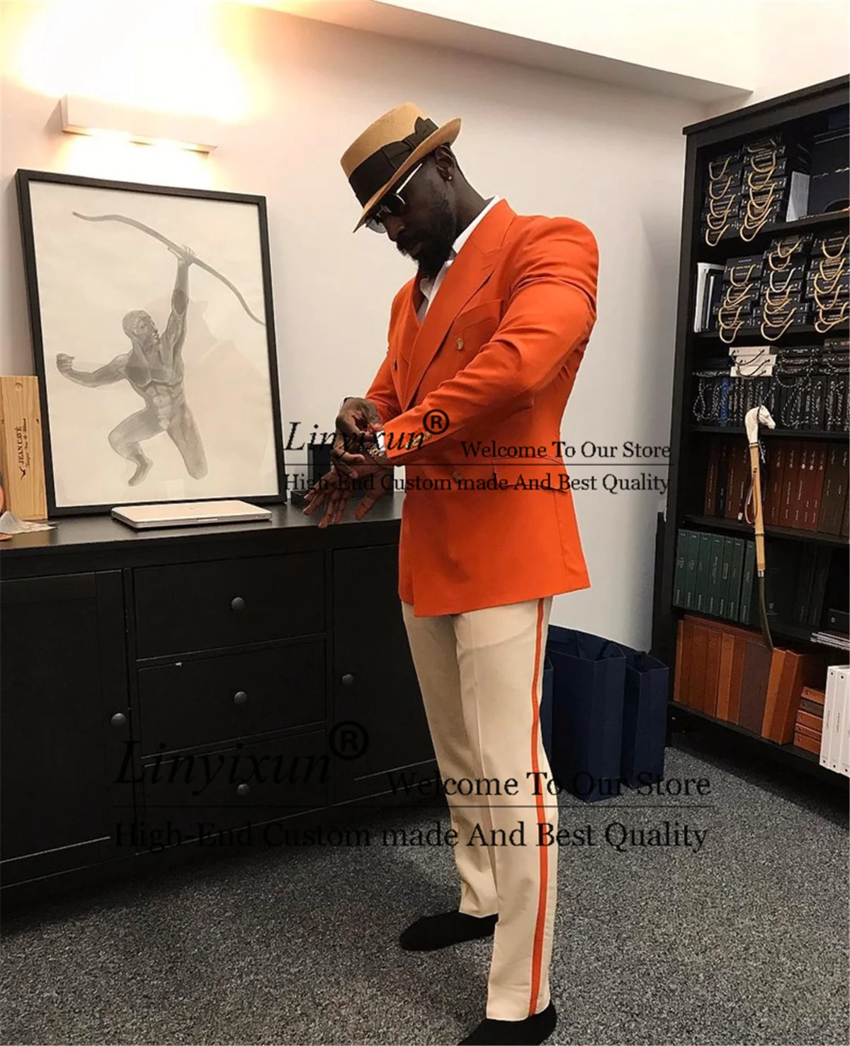 Fashion Orange Mens Wedding Suits Slim Double Breasted Groom Tuxedos 2 Pieces Set Male Prom Blazer Pants Outfit Costume Homme